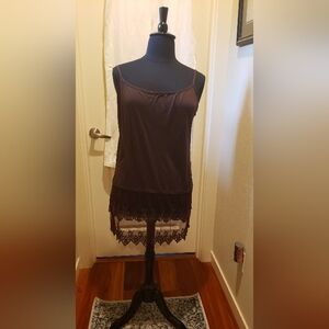 Elegant Brown Chemise with Lace Hem